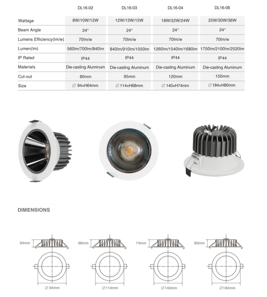 DL16 Modern design aluminum indoor LED anti-glare downlight waterproof IP54 patch LED embedded Lamp Hotel office easy to use embedded