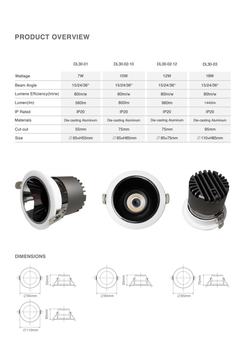 DL30 Light IP20 Waterproof LED Downlight 7W 10w 12w 18W Recessed Ceiling Light for Outdoor Bathroom Balcony Hotel  Mall spotlight ce