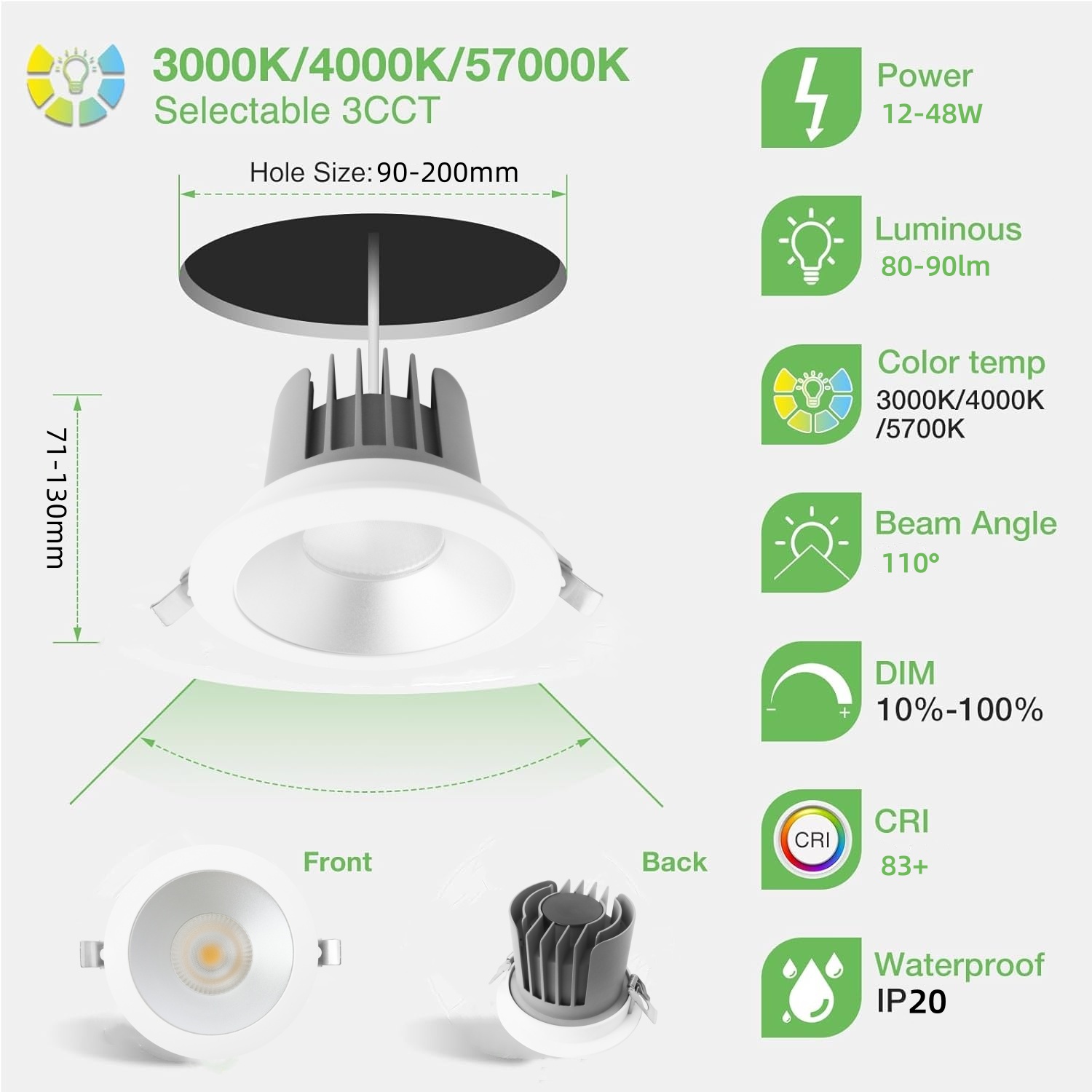 DL27 Color non flickering ceiling recessed downlight antiglare ip20 spotlight dimmable 12w 18w 28w 36w light emitting diode spotlight