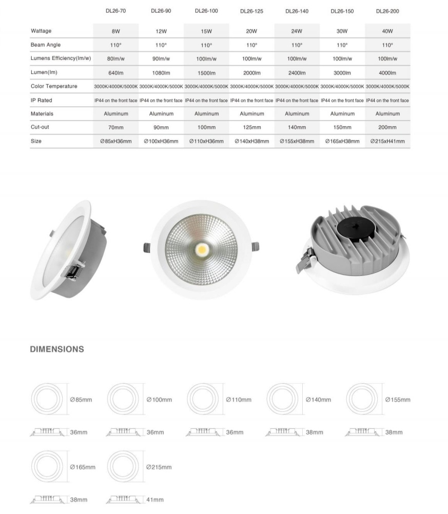 DL26 LED Downlight Cob Ce Saa 3cct High Lumen Anti-Glare LED Downlight 12W Aluminium Dimmable Recessed Ceiling SMD LED Downlight