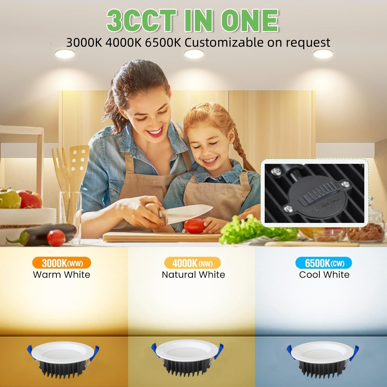 DL03-R  Smart Home Light Dimmable Recessed Ceiling Room Light Tri-Color LED Downlight Living Room Corridor Commercial Lighting