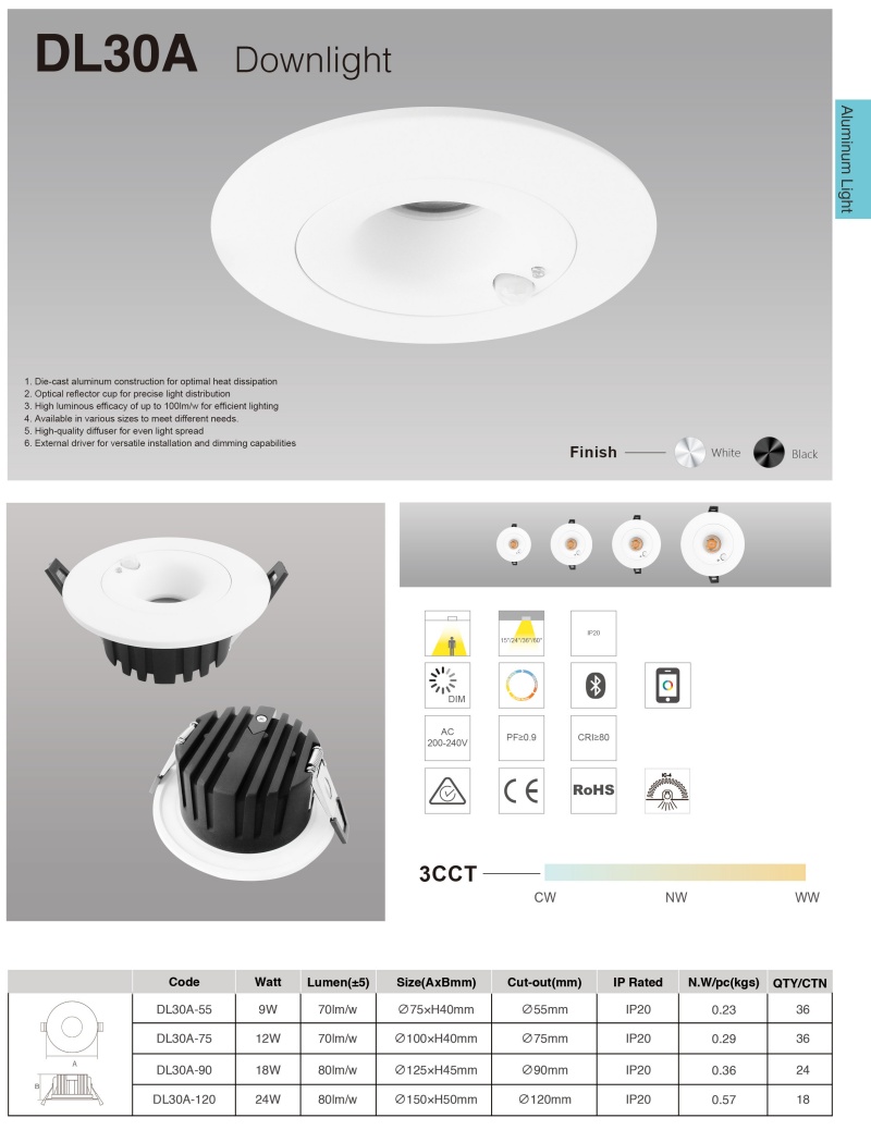 DL30 Induction downlight Light IP20 Waterproof LED Downlight 9W 12w 18w 24W Recessed Ceiling Light for Outdoor Bathroom Hotel  Mall spotlight 90mm cutout