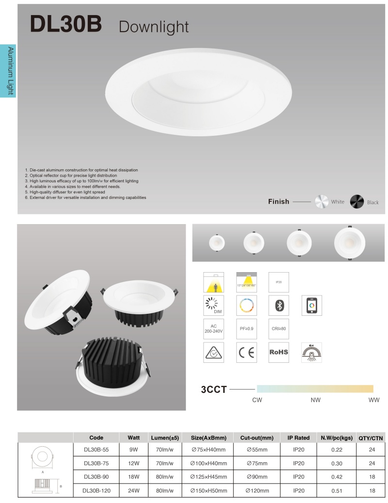DL30 Light IP20 Waterproof LED Downlight COB SAA 9W 12w 18w 24W Recessed Ceiling Light Outdoor Bathroom Balcony Hotel  Mall spotlight