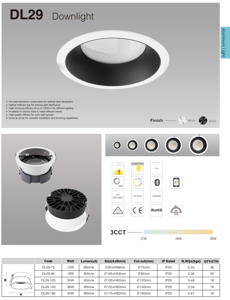 DL29 Dali Dimmable Aluminum Under Spotlight 12W 18W 24W 36W 42W SMD Ceiling Recessed Round CCT Variable Downlight, Hotel Superstore