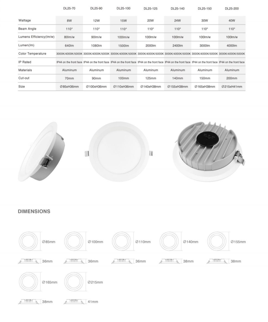 DL25 Led Downlight 15W Ssa 3cct CE 220V-240V SMD Dimmable Embedded Hole Lamp Decoration Hotel Living Room Light Aluminum Downlight