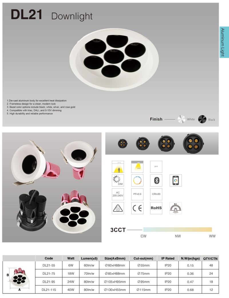 DL21 Commercial Hotel Spotlight 6W 18w 24w 40w Anti-Glare Indoor Ceiling Recessed Mount Aluminum Light Emitting Diode COB Spotlight