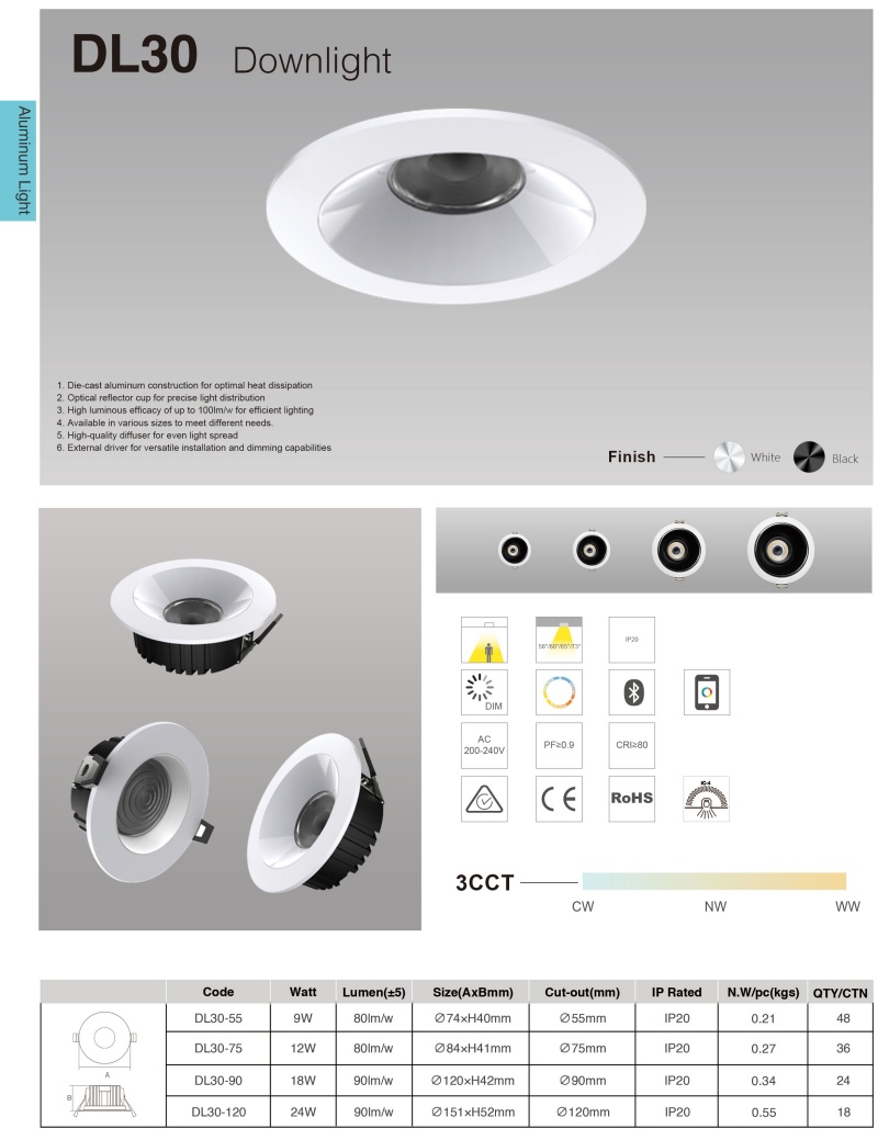 DL30-PC Light IP20 Waterproof LED Downlight 9W 12w 18w 24W Recessed Ceiling Light for Outdoor Bathroom Hotel  Mall spotlight 90mm cutout