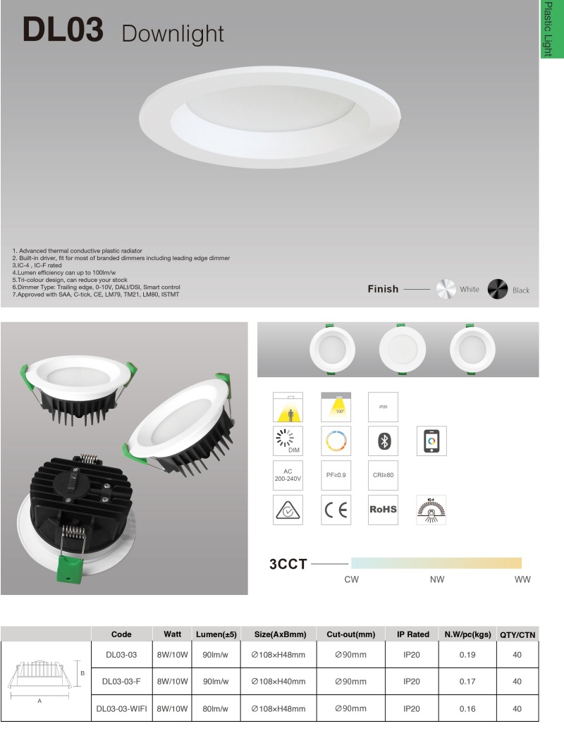 DL03-F Hot light emitting diode downlight 10w 3CCT waterproof IP54 triac dimmable CE SAA spotlight light emitting diode adjustable downlight living room light emitting diode light
