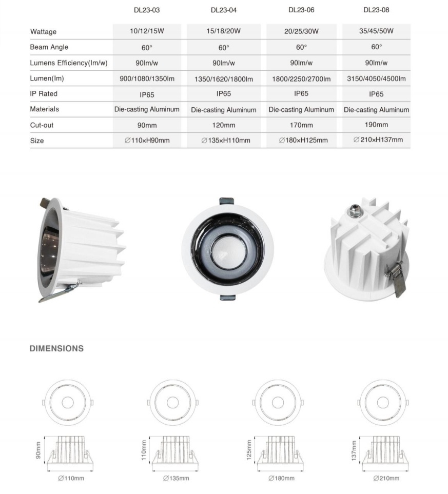 DL23  Outdoor bathroom balcony hotel shopping mall spotlight light IP67 waterproof light emitting diode downlight 10w 18w 25w 36w recessed ceiling light
