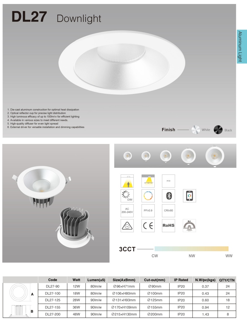 DL27 Color non flickering ceiling recessed downlight antiglare ip20 spotlight dimmable 12w 18w 28w 36w light emitting diode spotlight
