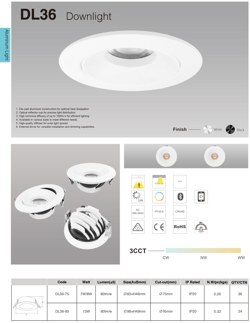 DL36 Light Emitting Diode COB Eyeball Downlight 360 Degree Rotation 4 Inch 9w Gimbal Pot Light 3CCT 5CCT Variable 120V