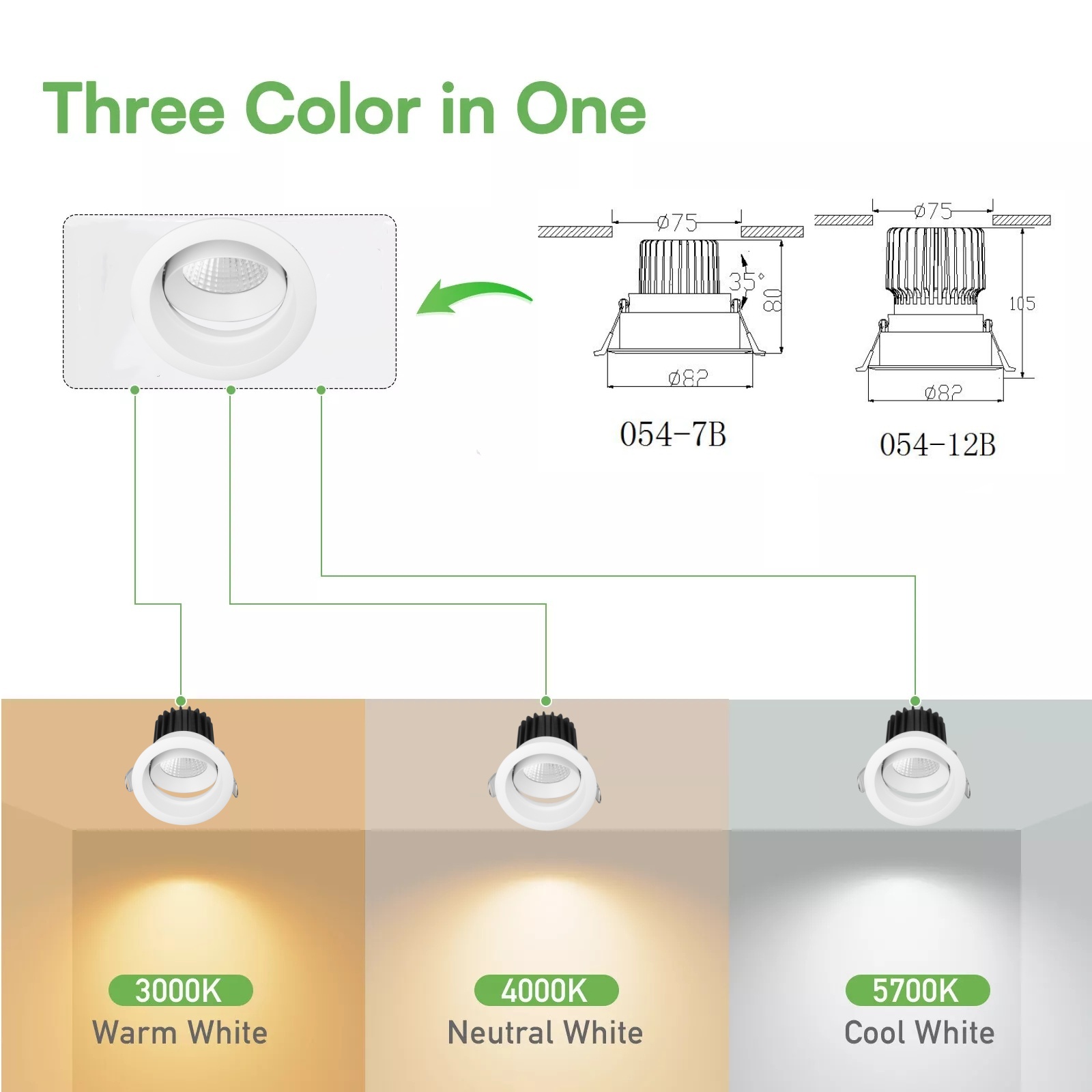 DL39 Aluminum switchable 12 w round rotating high output 3 CCT light emitting diode downlight modern ceil dimmable adjustable home hotel light