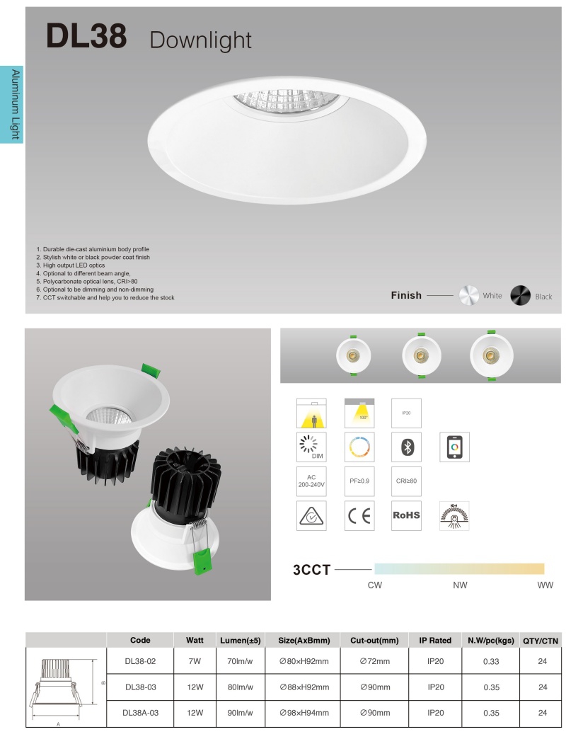 DL38 COB Recessed Light High Brightness Home Lighting Easy Installation Round 8w Indoor Ceiling Recessed Light Emitting Diode Downlights