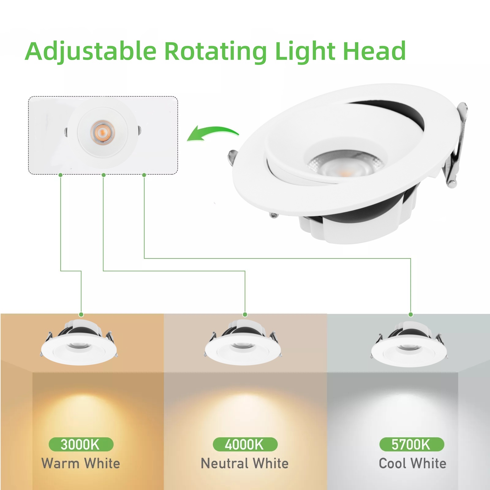 DL36 Light Emitting Diode COB Eyeball Downlight 360 Degree Rotation 4 Inch 9w Gimbal Pot Light 3CCT 5CCT Variable 120V