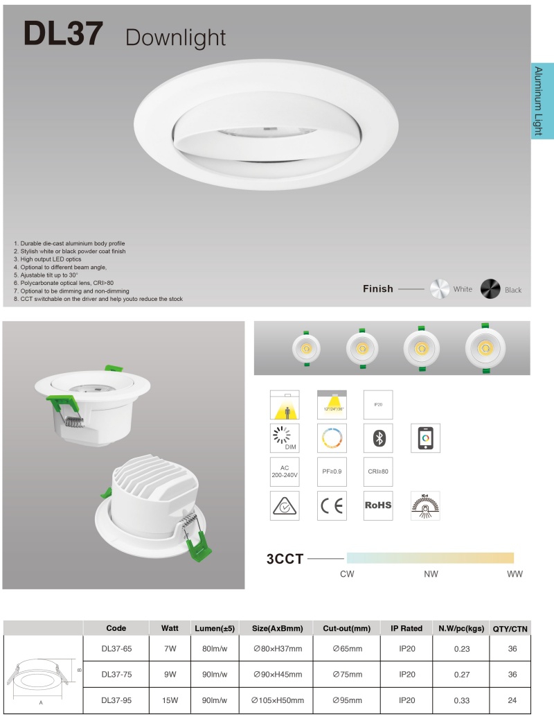 DL37 Light emitting diode downlight 15w dimmable switchable brightness 3CCT cob continuous aluminum CE for lighting living room home