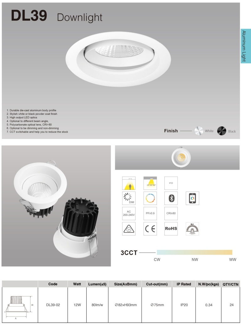 DL39 Aluminum switchable 12 w round rotating high output 3 CCT light emitting diode downlight modern ceil dimmable adjustable home hotel light