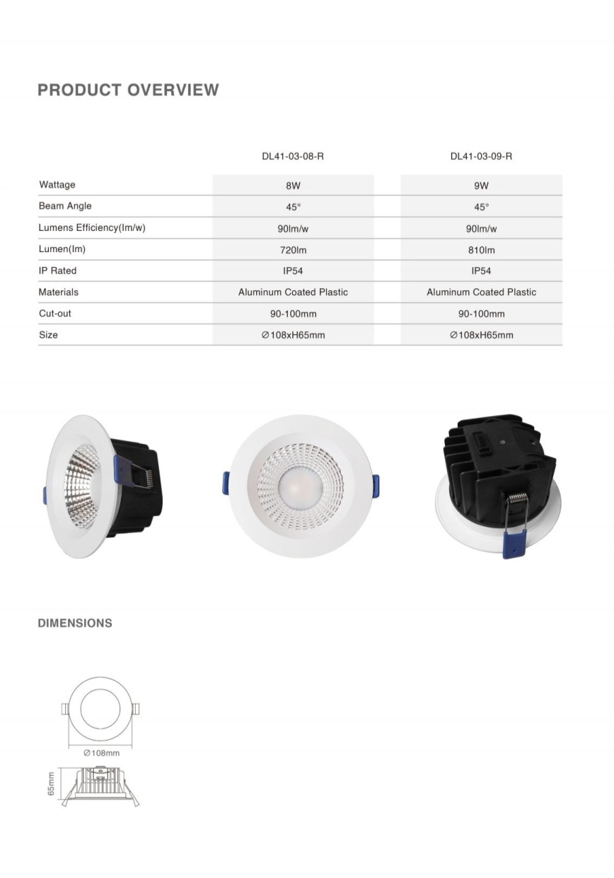 DL41-R SAA certified downlight 8w 9w 90mm  indoor 3CCT recessed dimmable downlight Australia IP54 waterproof antiglare spotlight lamp