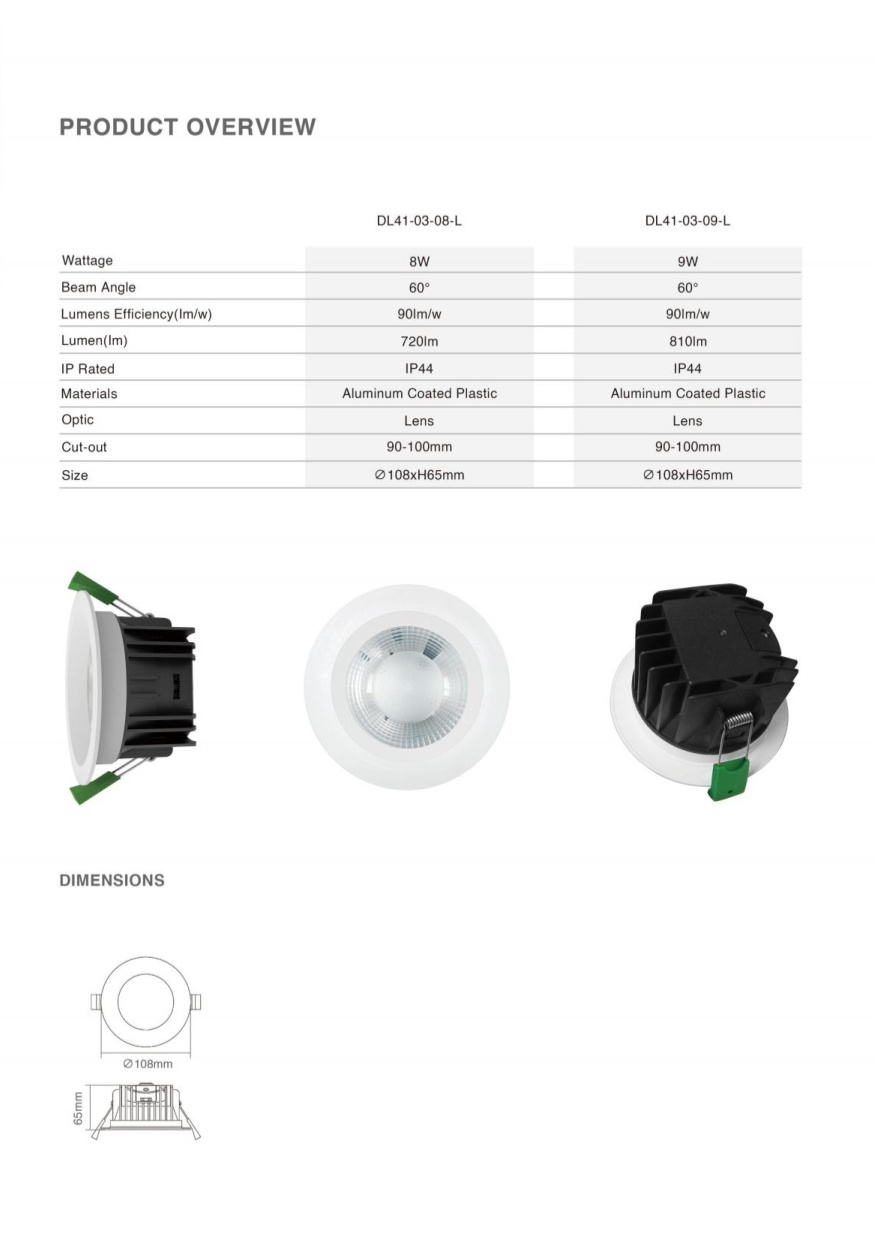 DL41-L led downlights 8w 9w saa ce emitting diode lamp 3CCT dimmable Australian standard IP44 waterproof antiglare spotlight 90mm light