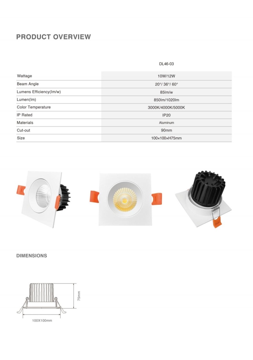 DL46 Commercial Lighting Downlight Die-Cast Aluminum Square Bezel Combination Beam Angle 10W CCT Supermarket Bar Corridor Downlight