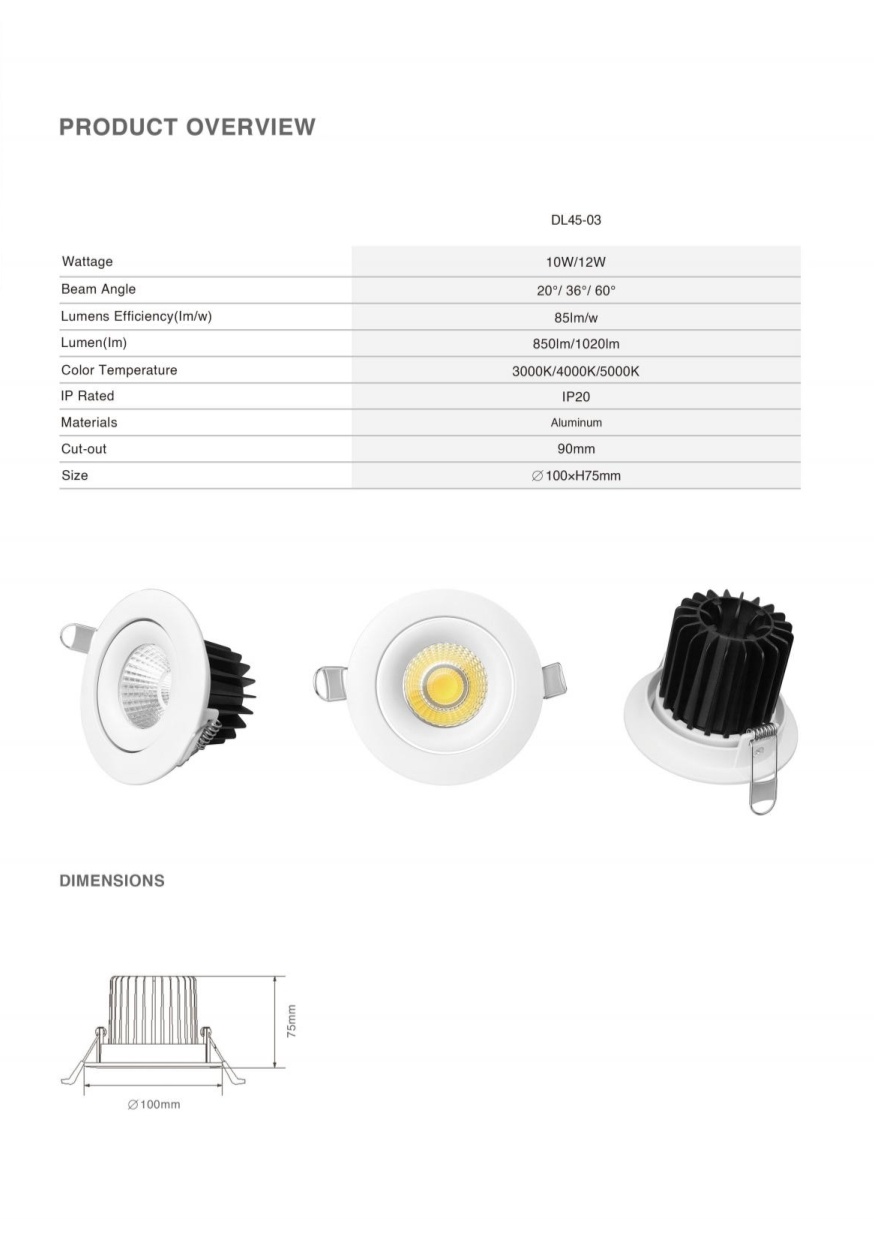 DL45 Recessed Downlight High Brightness Energy Saving COB Spotlight Anti-Glare Die-Cast Aluminum Slim Ceiling Lights