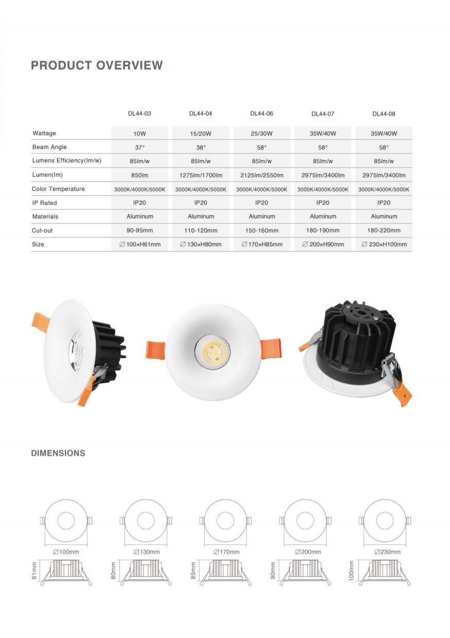 DL44 Recessed Downlight High Brightness Energy Saving COB Spotlight Anti-Glare Die-Cast Aluminum Slim Ceiling Lights