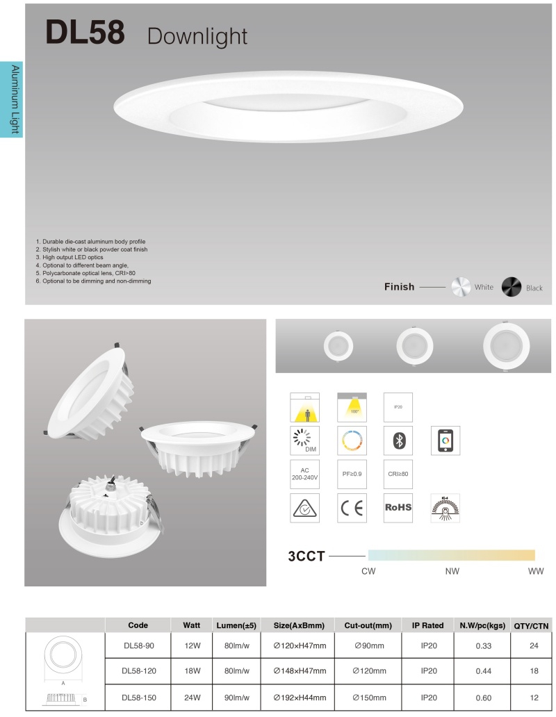 DL58 Recessed LED Fixed SMD Shallow Decorative Downlight 12W 18W 24W Waterproof Aluminum Downlight