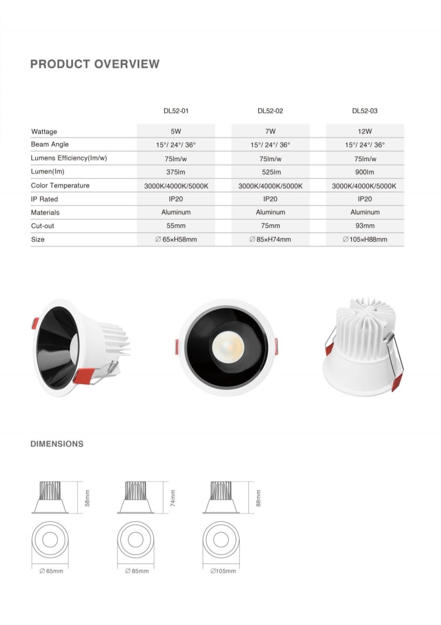 DL52 3w 5w 7w 9w 12w Modern Cob Downlight Recessed Residential Commercial Hotel Anti-Glare Light Emitting Diode Downlight