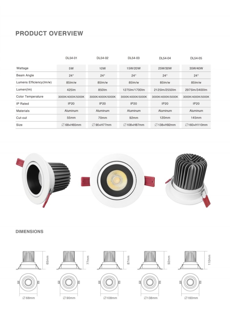 DL54 Waterproof Ip20 Dimmable Commercial Spotlight Anti-Glare Ceiling Light Emitting Diode Downlight Hotel Downlight No Decorative Recessed Downlights