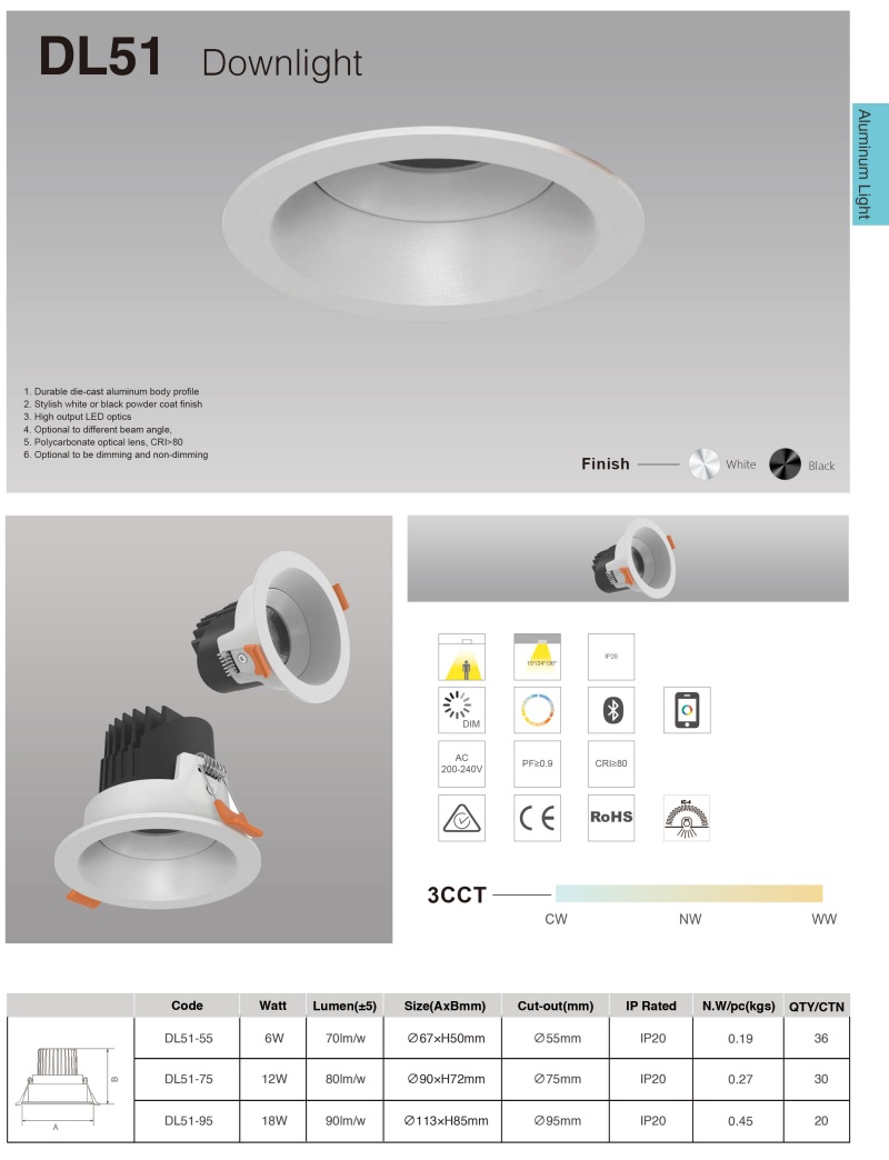 DL51 Anti-Glare Luminous Spotlight Aluminum 2700K-5000K High Lumen Ceiling Lighting COB Light Emitting Diode Downlights