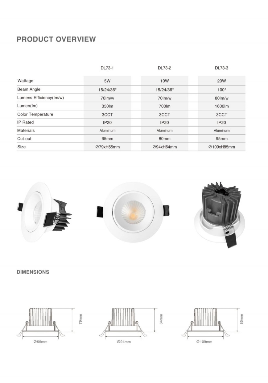 DL73 IP20 Waterproof LED Down Lights 8W 10W 15W 25W Aluminum Recessed Ceiling DALI Dimmable Downlight