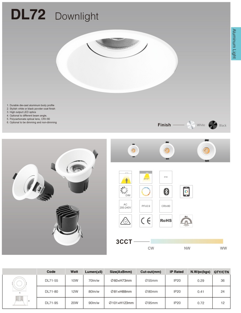 DL72 Waterproof DALI Dimmable Recessed Downlight Adjustable 8W 10W 15W 25W 28W Recessed Ceiling Antiglare Spotlights for Hotel