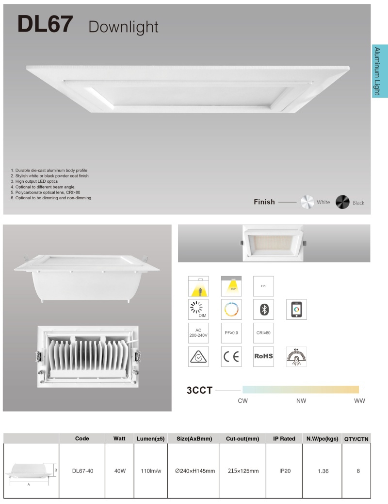 DL67-B 20W 28W 38W Recessed Rectangular Led Down Light/rectangle Led Downlight/rectangular Ceiling Light