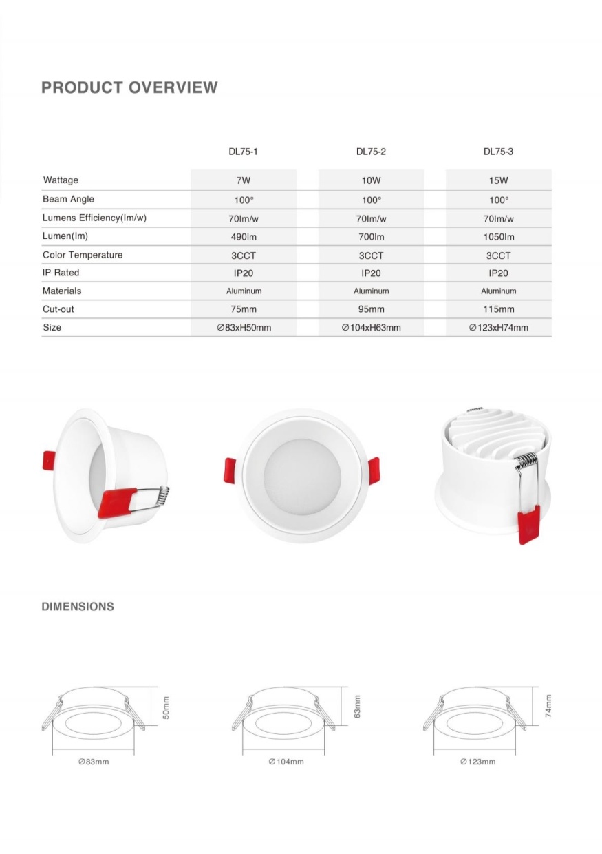 DL75 Commercial LED Downlights Aluminum Waterproof Tri-Color Recessed LED Downlight Living Room Hotel OEM/ODM