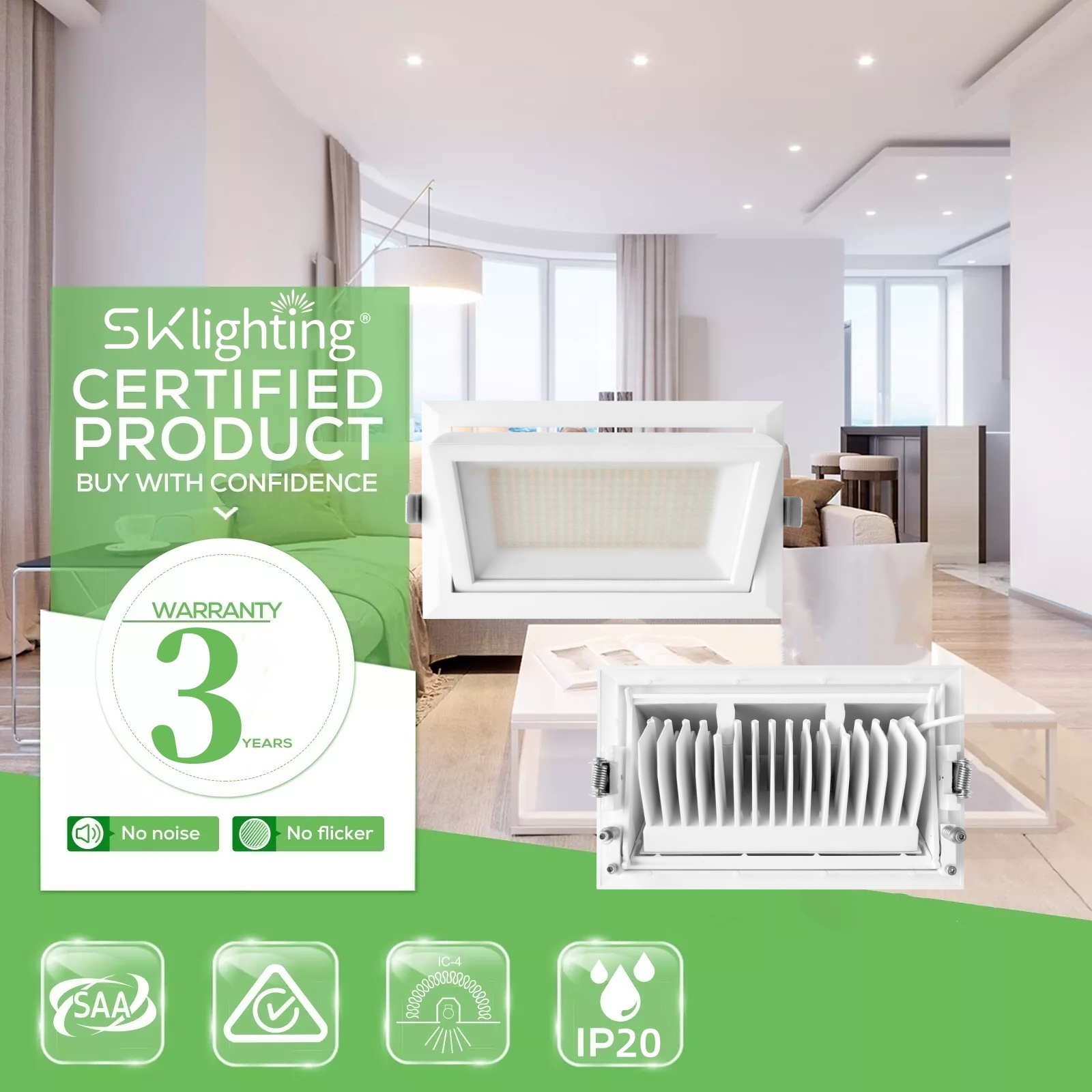 DL67-A Flicker Free LED Down Light 20W 28W 38W Ceiling Downlight LED Adjustable 60W SMD LED Rectangular Recessed Downlight