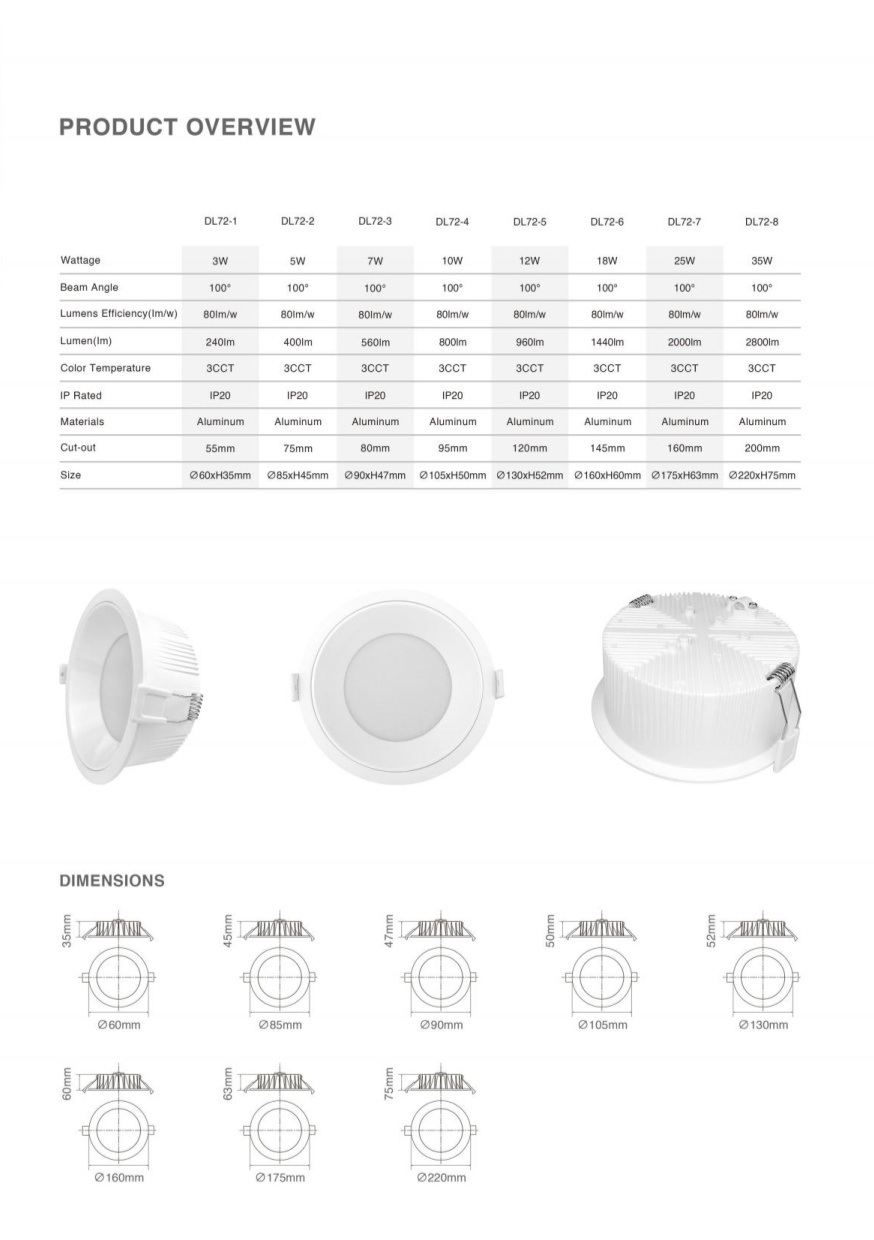 DL72 3W 5W 7W 10W 12W 18W 25W 35W Whole Sale Led Spot Down Light COB SMD Ceiling Light Recessed LED Downlights