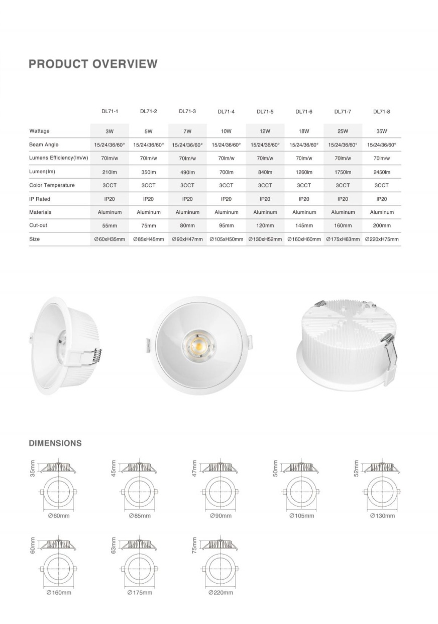 DL71 Energy Saving 7W 12W 18W 25W Indoor Lighting Lamp 4000K 6000K Downlight Spotlights Recessed Led Down Spot Light