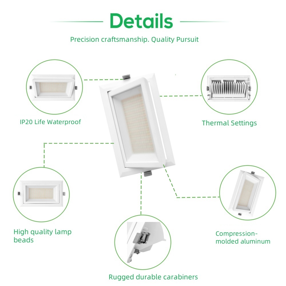DL67-A Flicker Free LED Down Light 20W 28W 38W Ceiling Downlight LED Adjustable 60W SMD LED Rectangular Recessed Downlight