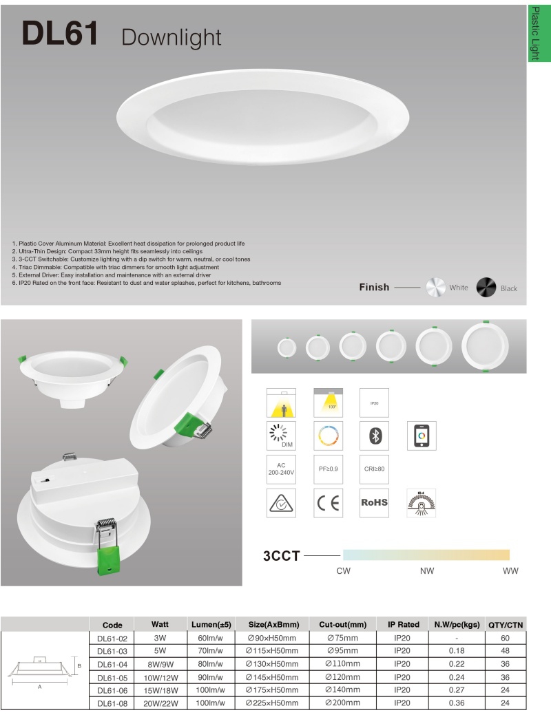 DL61 SAA Aluminum PC Smart Dimmable & CCT Adjustable 3W 5W 7W 9W 10W 13W SMD Chip Bulb LED Ceiling Downlights Housing & Parts
