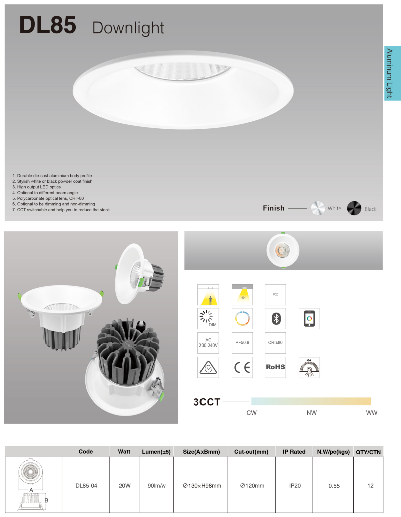 DL85-W New Design Modern Home Office Anti-Glare White Round 5w 10w 15w 20w Light Emitting Diode Spotlight COB Light Emitting Diode Downlights