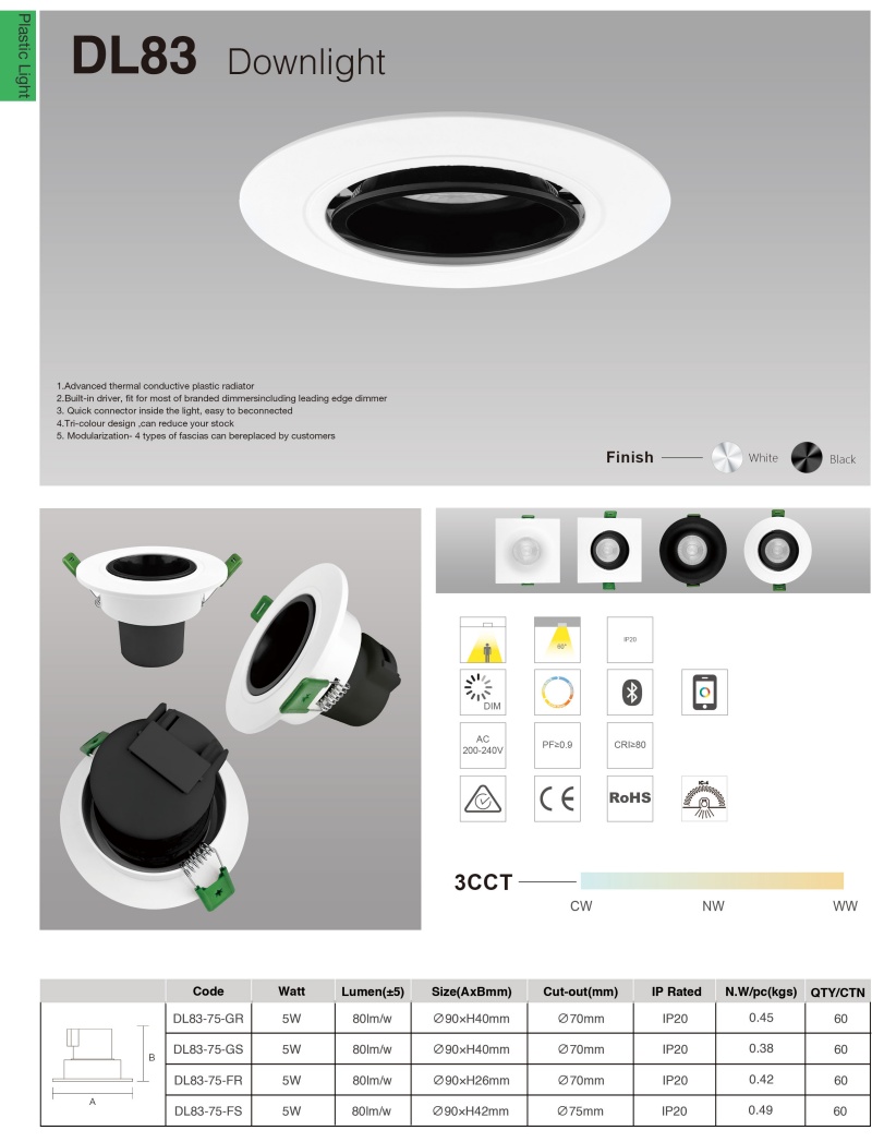 DL83 Quality Beam Angle Adjustable Ceiling Recessed Finish Anti-Glare Warm White Focus Spotlights