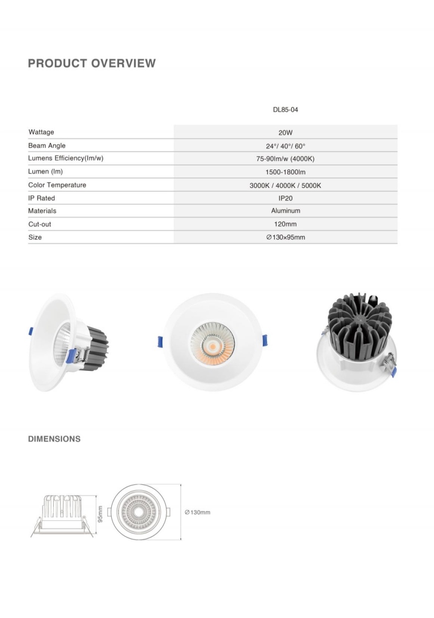 DL85-B Indoor office hotel home feather light aluminum recessed ceiling COB light emitting diode down light