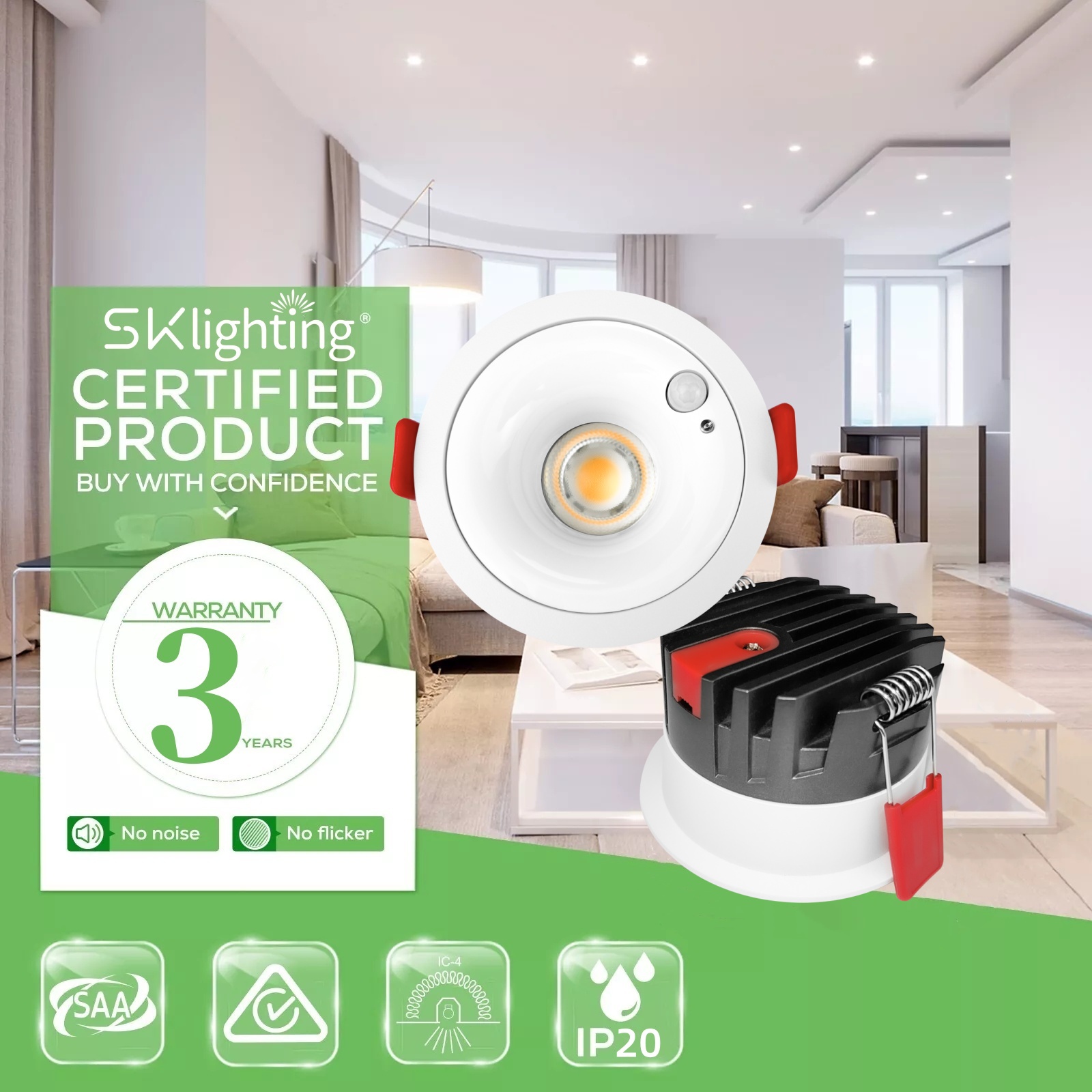 DL76 Human Sensor Light 7W 12w Recessed Light Emitting Diode Downlight ETL CE SAA UKCA Eave Corridor Public Toilet