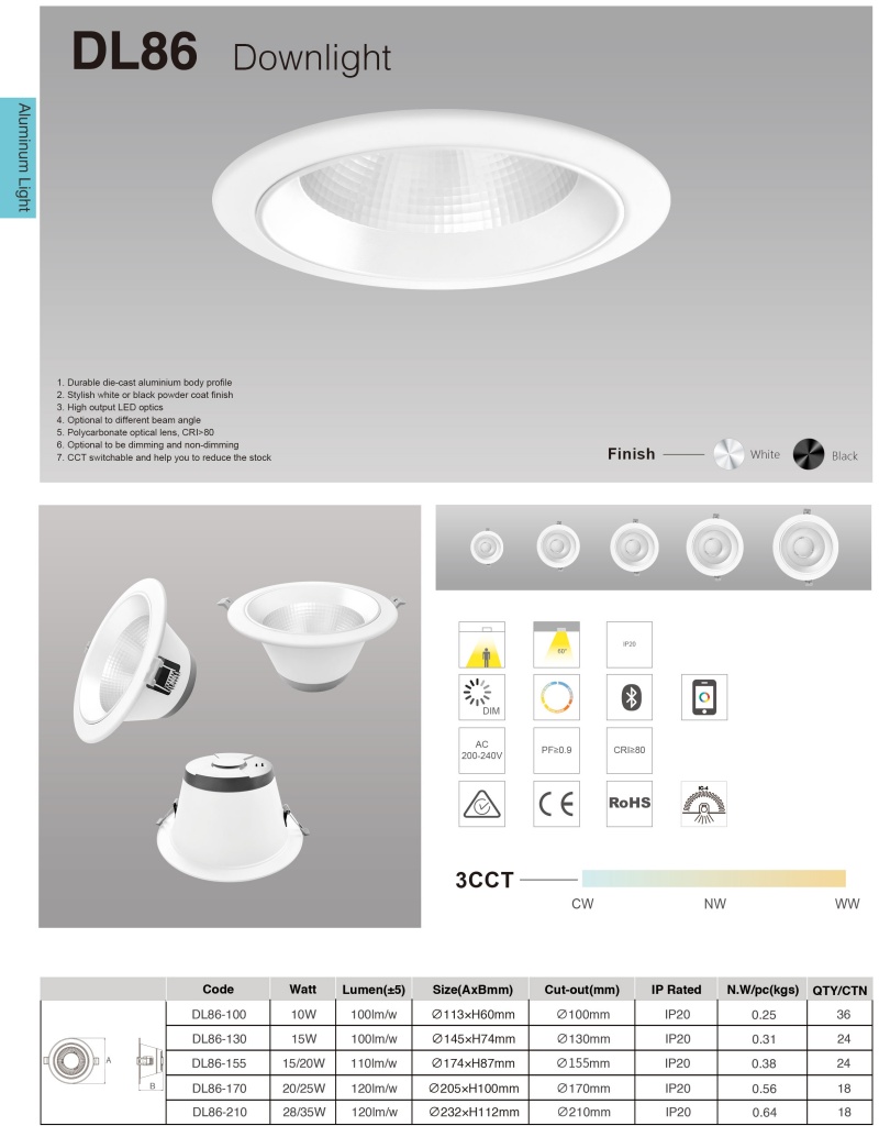 DL86 Anti Glare UGR<19 Dimmable Round Retrofit Recessed Ceiling LED Down Light Downlight